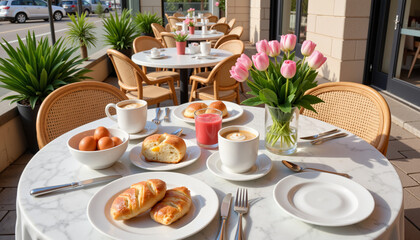 Chic brunch table with pastries and flowers on café terrace, festive atmosphere