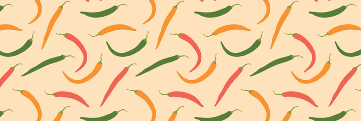 Pattern of Chili red, green and yellow pepper. Spicy capsaicin dish. Vector seamless background with hot vegetable.