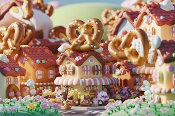 Adorable cartoon animals gather in a whimsical candy village, gingerbread houses and pretzels.