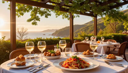 Fototapeta premium Elegant al fresco dining with seaside views at golden dusk, relaxation