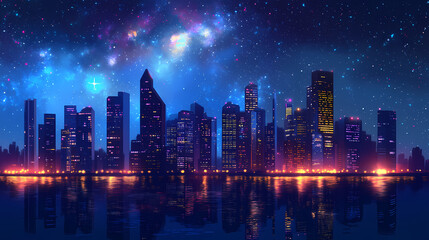 Fototapeta premium Night cityscape skyline with vibrant lights and starry sky. Starry Haven. Illustration