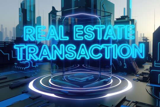 Futuristic cityscape backdrop showcases 'Real Estate Transaction' in vibrant neon blue, symbolizing modern property dealings.