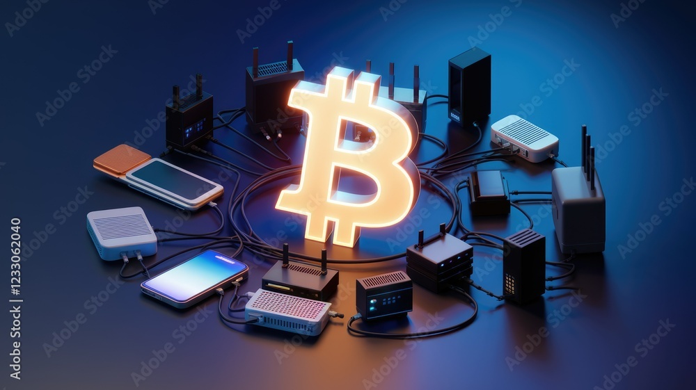 Poster Bitcoin network visualized with glowing Bitcoin symbol surrounded by interconnected devices like routers and smartphones.