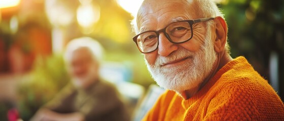 Elderly men enjoying a sunny day outdoors, engaging in conversation with smiles, highlighting friendship, community, and the joy of aging gracefully together.