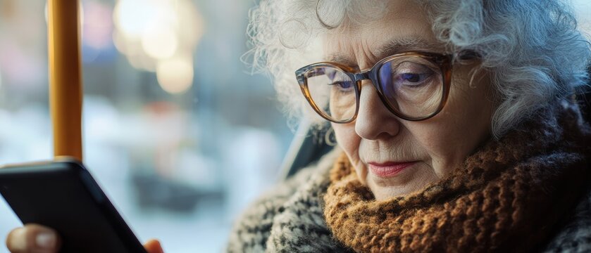 Elderly woman using smartphone on public transport, focused on screen, connecting with family and friends, digital communication and technology in everyday life.