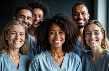 Fototapeta premium Diverse medical team poses happily. Group stands together professionally in scrubs. Health care providers smile warmly. Positive, united team spirit. Teamwork, collaboration. Modern health clinic