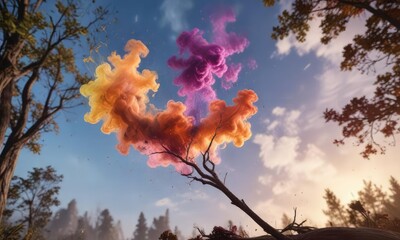 Colorful smoke swirling around a tree branch as it falls gently from the sky, atmosphere, delicate