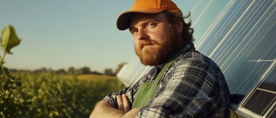 Farmer with beard standing near solar panels in agricultural field, showcasing sustainable energy practices and modern agriculture in rural landscape.