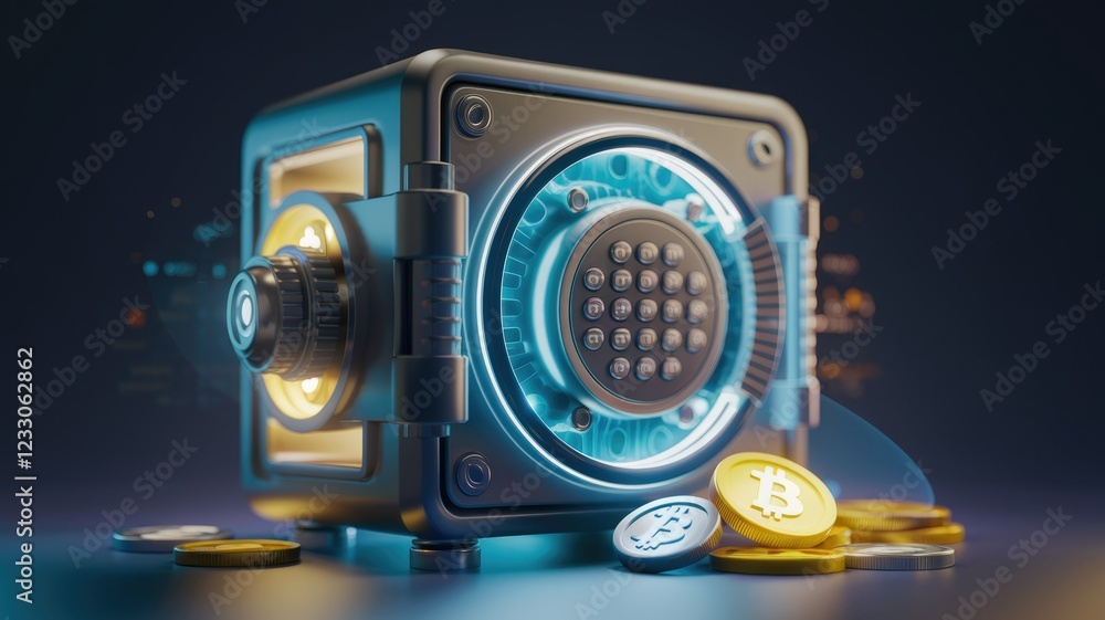 Poster a futuristic safe with a digital keypad, illuminated, and surrounded by bitcoin cryptocurrency coins