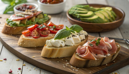 Assorted bruschetta with fresh toppings on wooden board