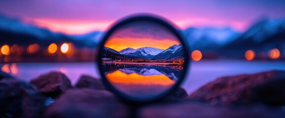 Sunset mountain lake reflection lens view