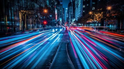 Obraz premium City streets light up with colorful trails as cars speed by. Blue streaks of light create a sense of motion and speed.