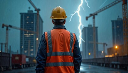 Construction worker stands focused on job site during thunderstorm. Heavy rain falls. Lightning strikes in background. Worker wears safety equipment. Construction site active under stormy conditions.