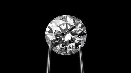 close-up of a large, round brilliant cut diamond held by tweezers against a black background