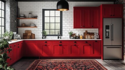 Red kitchen cabinets, white subway tile backsplash, and rug.