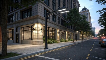 Corner of a street with a modern lighting system installed, energy efficient, urban architecture, modern design, illuminated, skyscrapers