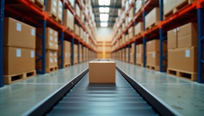 Fototapeta premium Empty cardboard box moves on conveyor belt in large warehouse filled with many similar boxes on shelves. Logistics, eco-friendly shipping practices highlighted in image. Modern ecommerce fulfillment,