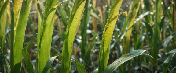 Fototapeta premium Corn stalks swaying gently in the breeze with a few droplets of dew on their leaves , corn, agriculture