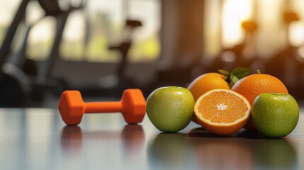 Fitness, healthy lifestyle and exercise equipment with dumbbell alongside fresh fruits like oranges and apples, promoting nutrition and wellness in gym environment.