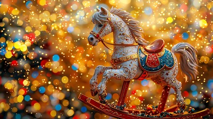 Fototapeta premium Ornate Rocking Horse Festive Christmas Lights Background