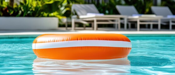 Floating pool lounger in vibrant orange color surrounded by clear water, poolside sun loungers ready for summer relaxation and leisure, perfect for vacation vibes.