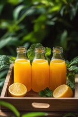 Fresh lemon juice in glass bottles on a wooden tray, surrounded by green leaves and lemon halves, perfect for healthy drinks and summer refreshments.