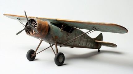 This antique airplane model looks great against a white backdrop, whether it's a vintage or retro aesthetic.