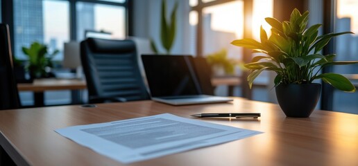 Sunset office desk, documents, laptop, plant. Modern workspace