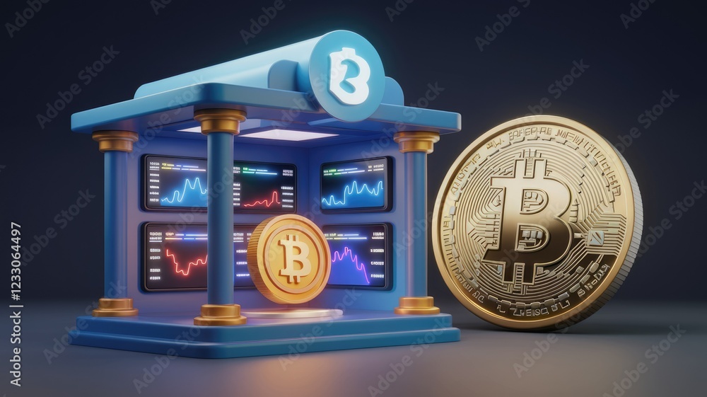 Poster bitcoin bank with cryptocurrency charts showing price fluctuations and a golden bitcoin coin.