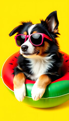 puppy border collie dog summer inside of a watermelon  inflatable wearing sunglasses looking away. Isolated on yellow background, silhouette, with white tones