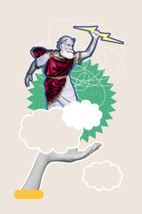 Vertical art creative trend collage of serious julius caesar old man senator stand clouds sky hold lightning weapon hand palm