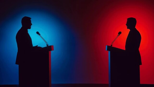 Two silhouetted figures stand at podiums in a dramatic red and blue-lit setting, symbolizing political debates and opposition.