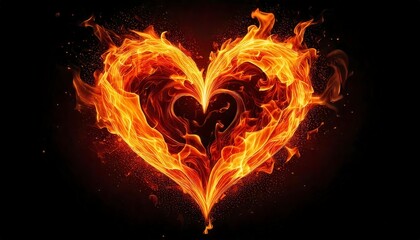 A heart made of realistic flames, glowing intensely with orange and yellow fire