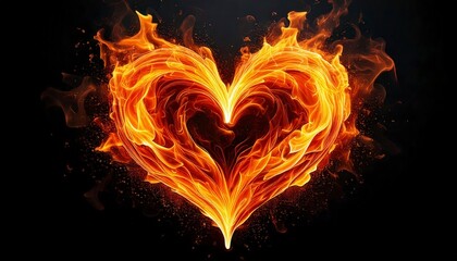 A heart made of realistic flames, glowing intensely with orange and yellow fire