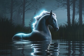 A mystical, ethereal horse emerges from a dark, still water in a moonlit forest.