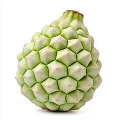 Fototapeta premium Close-up of a single cherimoya fruit, showcasing its unique textured surface and light green color against a clean white background. The image is well-lit and focuses on the fruit's intricate details.