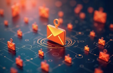 Digital marketing scheme. Email, SMS messages network. Direct business sales. Mailing clients list. Newsletter concept. Electronic mail, text message, marketing, business. Communication strategy.