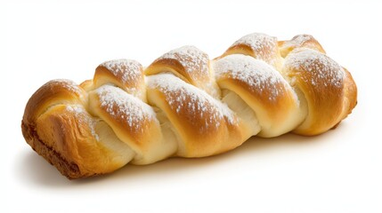 Freshly baked sweet braided bread with soft texture and powdered sugar topping