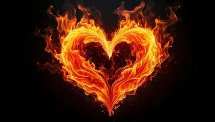 A heart made of realistic flames, glowing intensely with orange and yellow fire