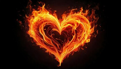 A heart made of realistic flames, glowing intensely with orange and yellow fire