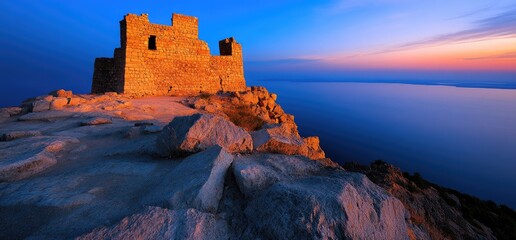 Fototapeta premium Sunset over coastal ruins; tranquil sea; rocky cliff; travel