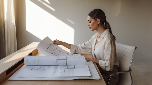 A female architect reviews blueprints at her desk, sunlight illuminating the scene. - Powered by Adobe