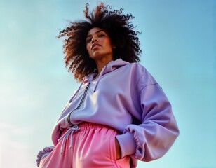 Stylish black woman models trendy modern activewear. Wears fashionable lavender hoodie, pink pants. Photo displays confident fashion in activewear. Outdoor shot against clear sky. Outfit trendy,