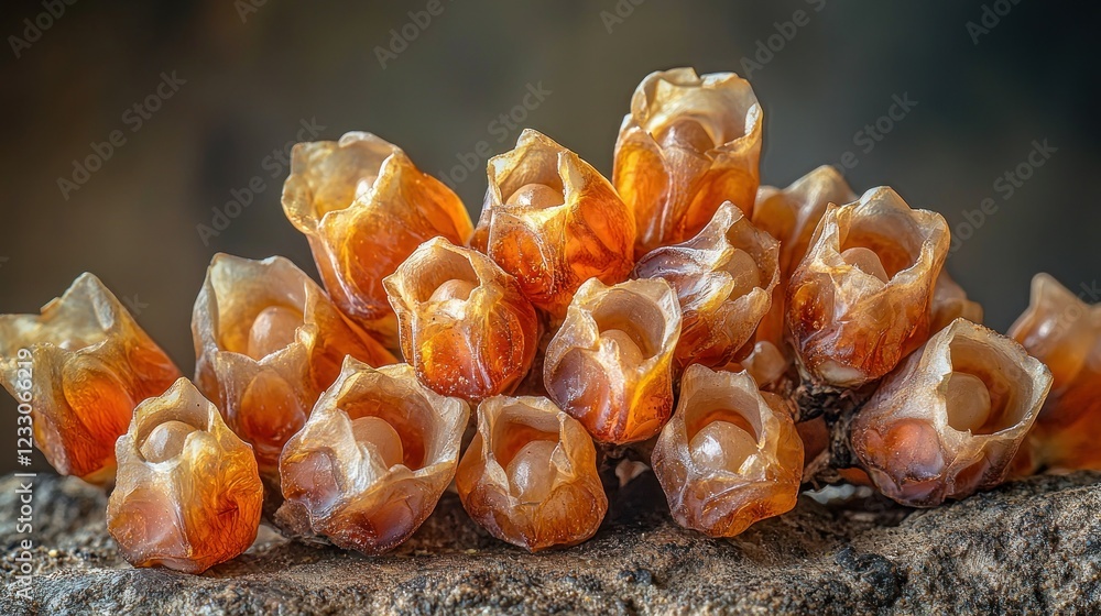 Poster bird's nest fungi cluster on forest floor with blurred background