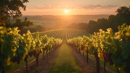 Fototapeta premium Vineyard sunrise, rows, hills, golden hour, tranquil, agriculture, wine, nature, landscape, photography