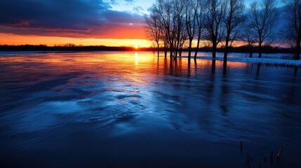 Sunset over flooded river, trees reflected, winter landscape, nature photography