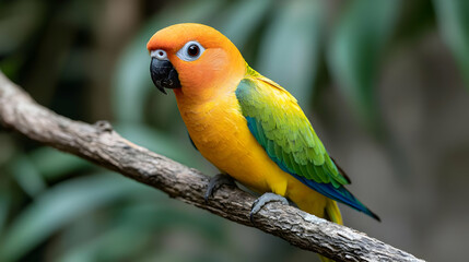 Obraz premium Sun parakeet perched on branch, tropical foliage background, wildlife photography, nature