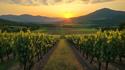 Fototapeta premium Vineyard sunset, mountain landscape, idyllic rural scene, winemaking