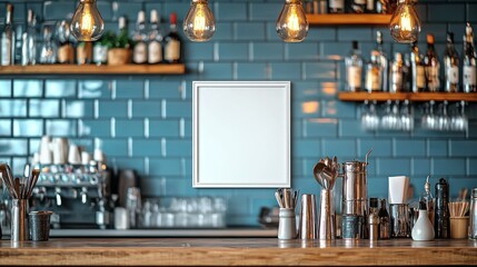 Blank frame above bar counter with bar equipment and alcohol in background