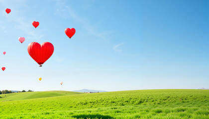 Fototapeta premium Whimsical heart balloons ascending into the bright blue sky, festive joy